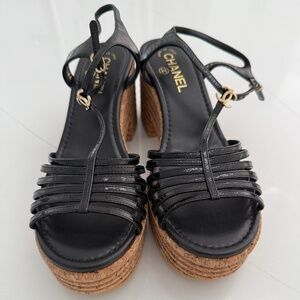 CHANEL Black Patent leather Cork Heel Platform Wedges CC Logo